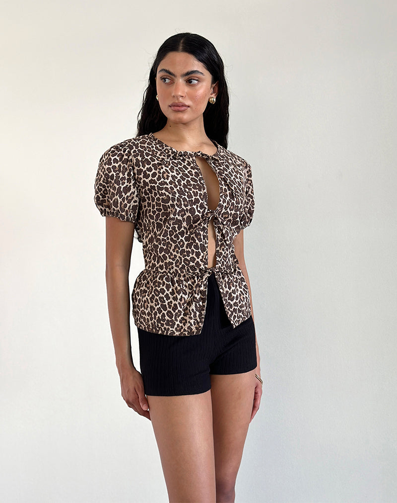 Ryota Tie Front Bluse in Leopard Sandstorm