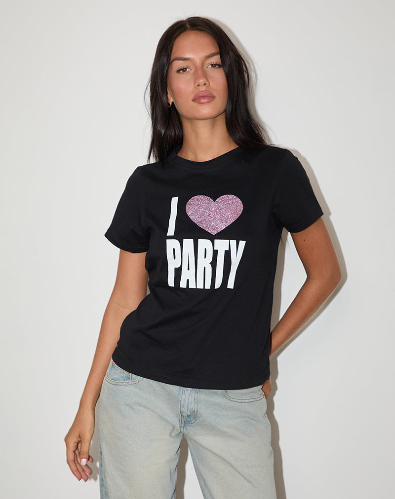Bild von Saki Tee in Schwarz I Love Party Print