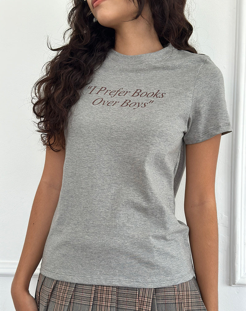 Image of Saki Tee in Grau meliert mit dem Slogan I Prefer Books Over Boys