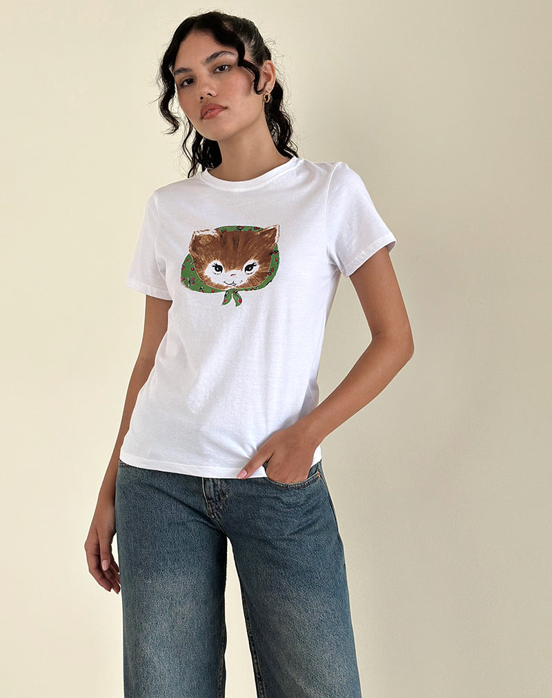 Saki Weißes Tee mit Kitty-Druck