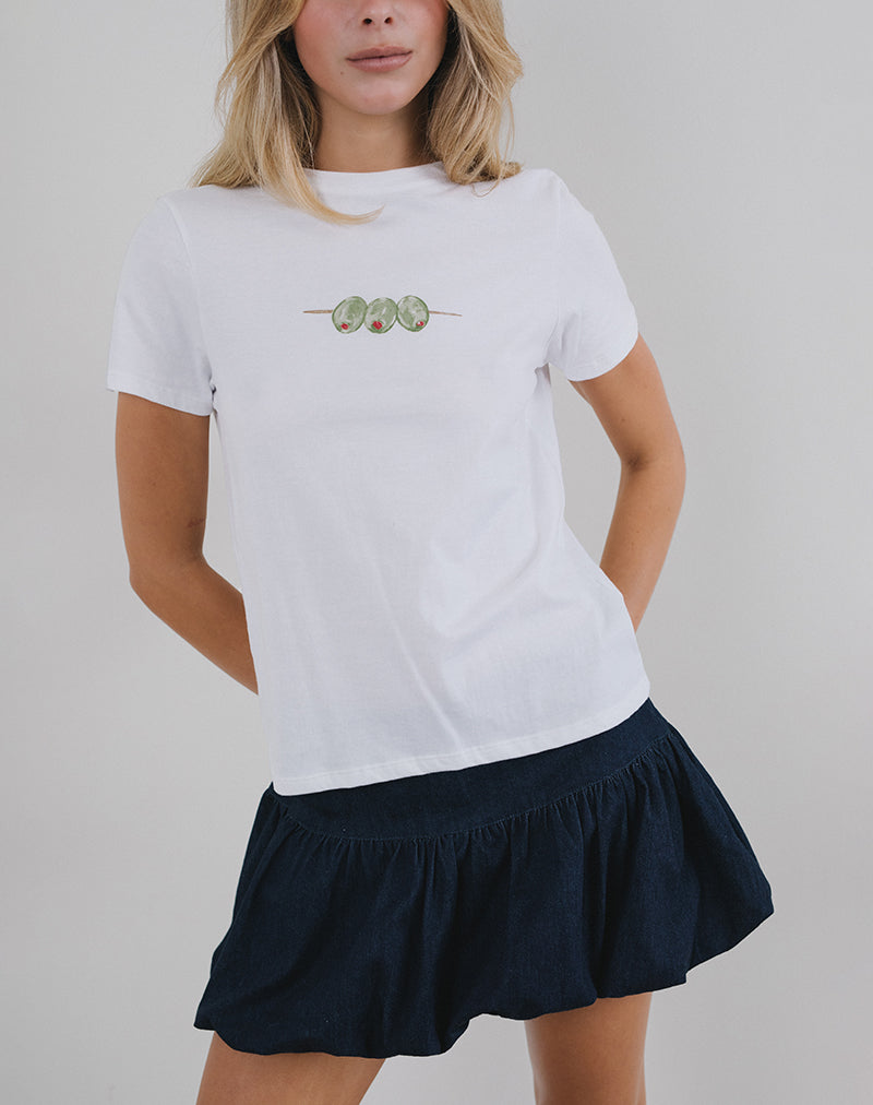 Saki Tee in Weiß mit Oliven-Grafik