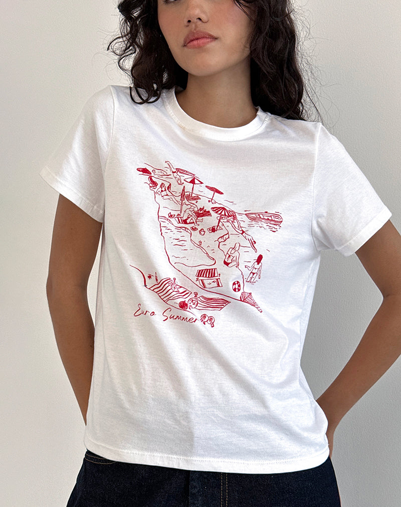 Saki Tee in Weiß mit königlichem Rot Euro Summer