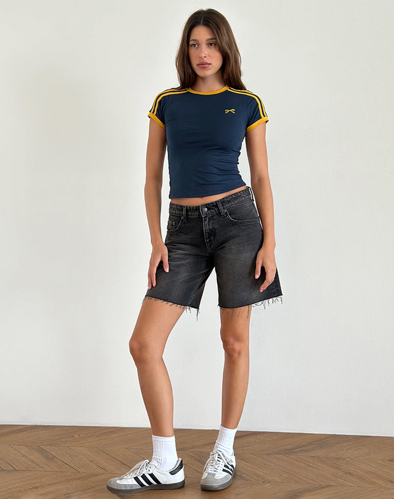 Image of Salda Top in Navy mit senfgelbem Einband und Schleifenstickerei