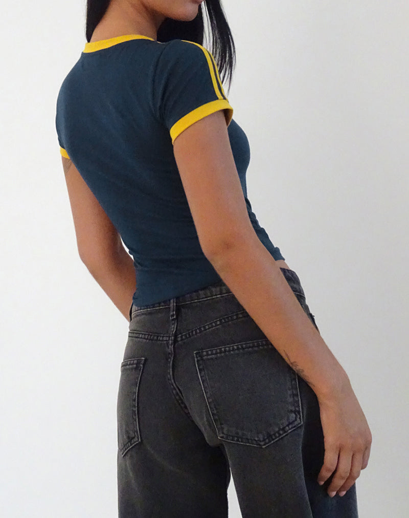 Image of Salda Top in Navy mit senfgelbem Einband und Schleifenstickerei