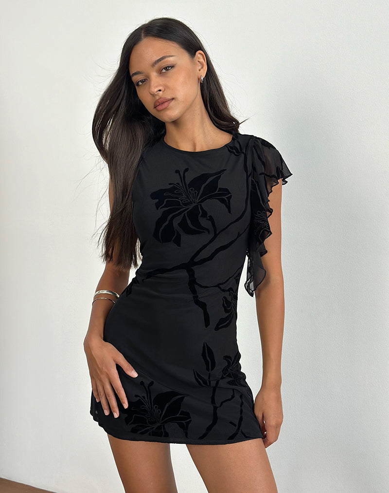 Salya Minikleid aus Orchideenflock Schwarz