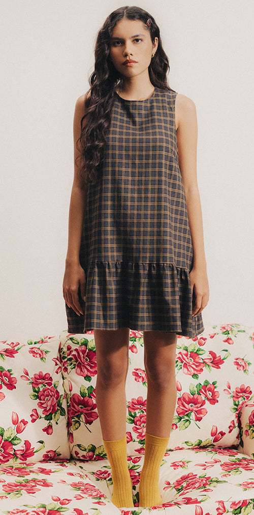 Image of Samana Babydoll-Minikleid in Karo Dunkelbraun