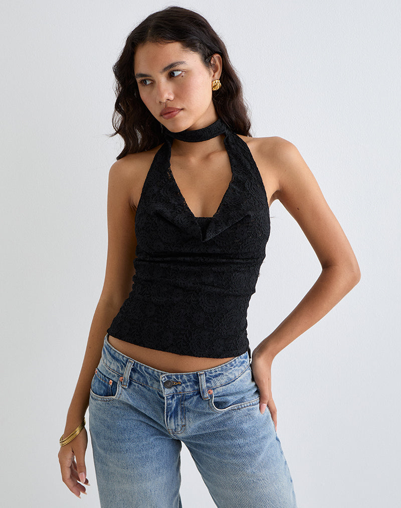 Samwell Neckholder-Top aus Paisley-Spitze Schwarz