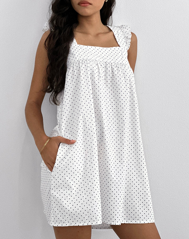 Image of Sanaly Minikleid in Weiß mit schwarzer Mikro-Polka