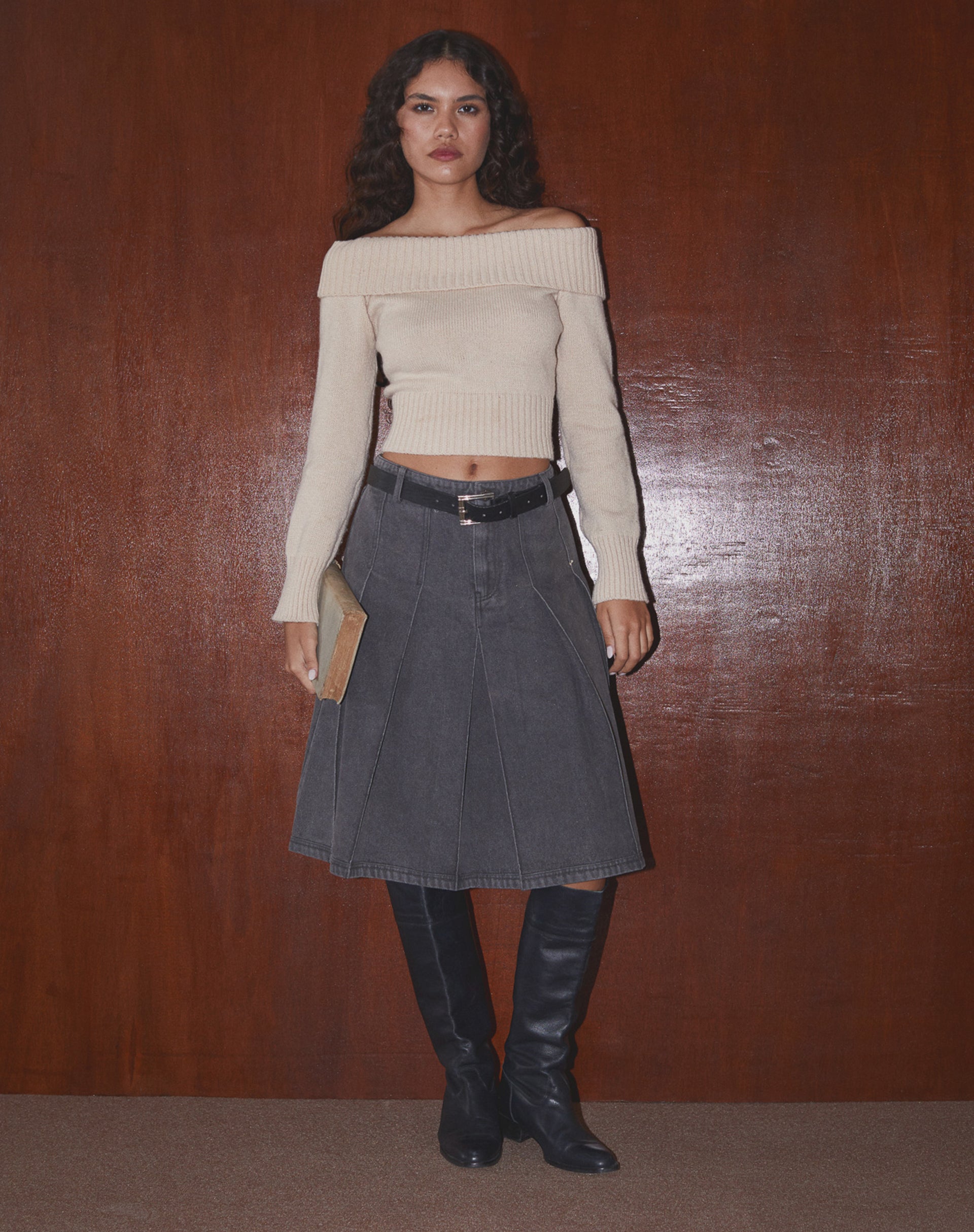 Bild von Sanjani Plissierter Denim Midirock in grauer Waschung