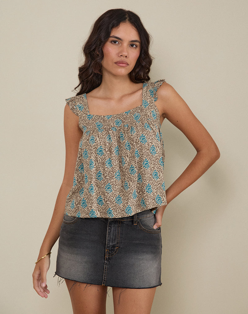 Bild von Sanula Top in Blau und Braun Floral Bohemian Batik