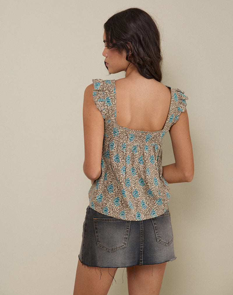 Bild von Sanula Top in Blau und Braun Floral Bohemian Batik