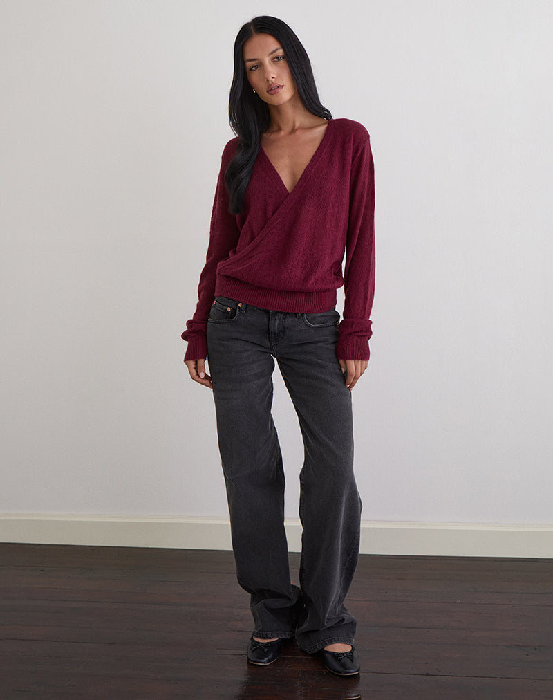 Saroya Plunge Wrap Top in Knit Wine