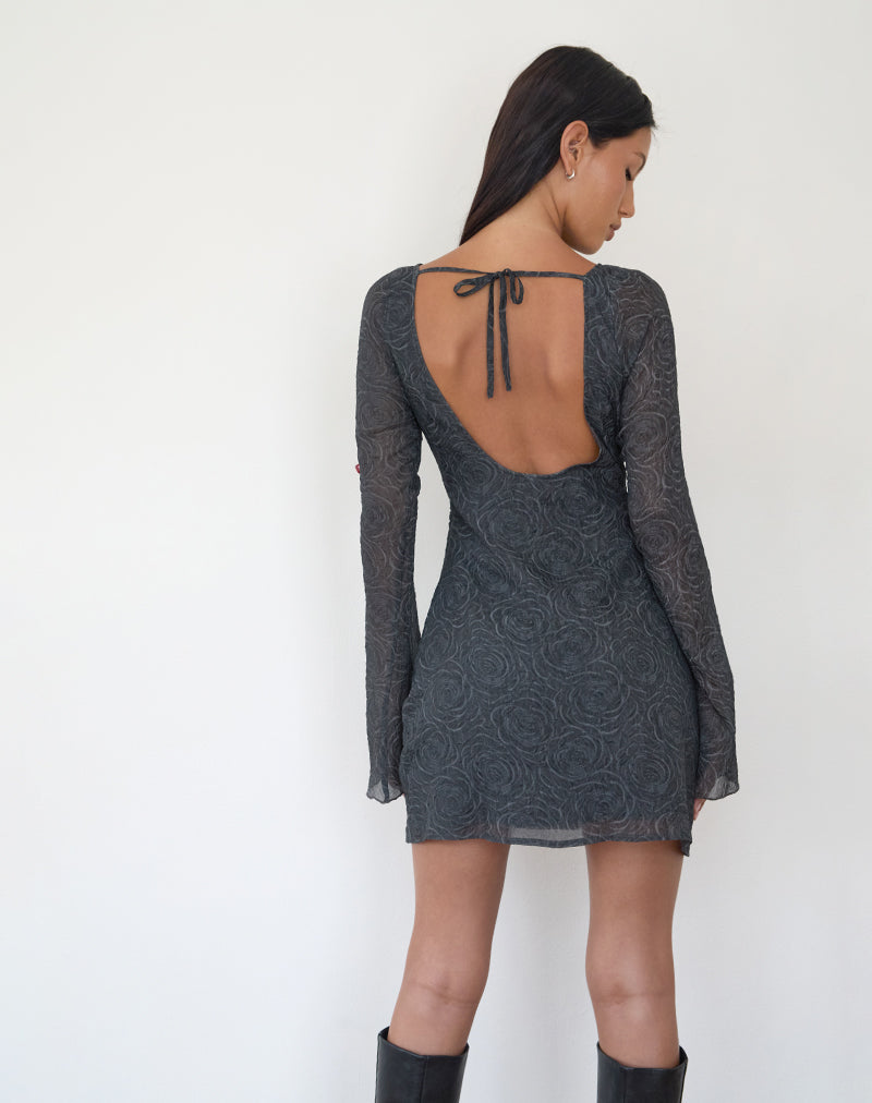 Sava Langärmeliges Minikleid mit offenem Rücken aus schwarzem geblümtem Chiffon