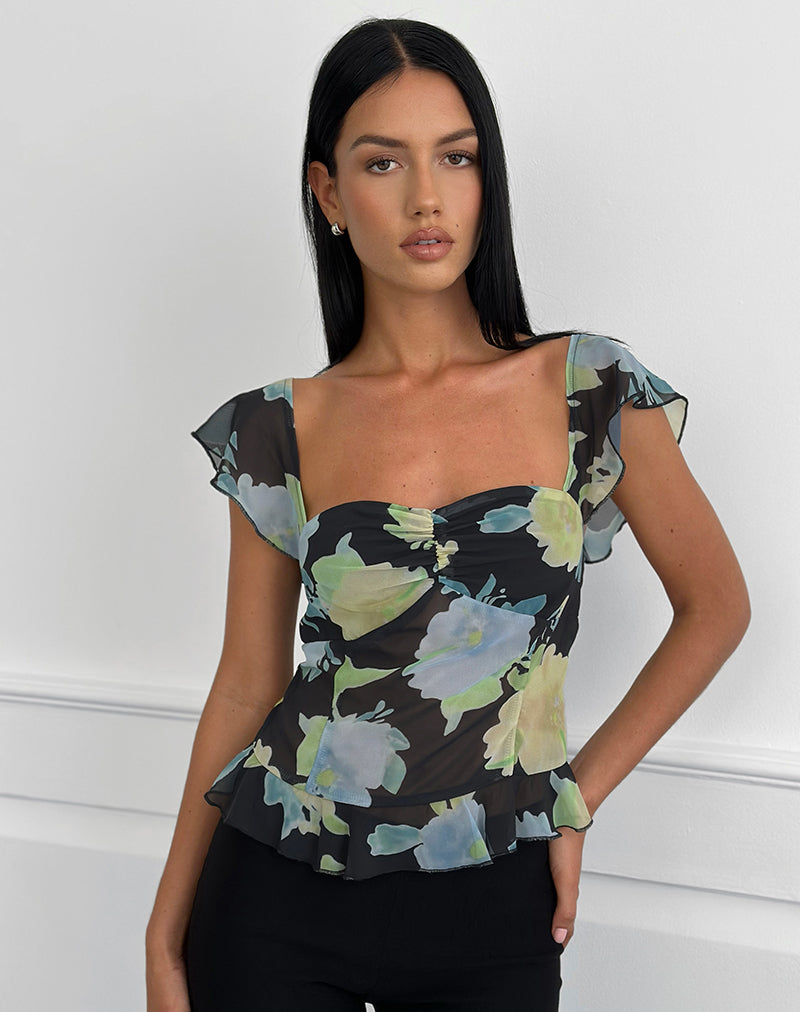 Selita Top aus schwarzem Chiffon mit Kristallblumenprint