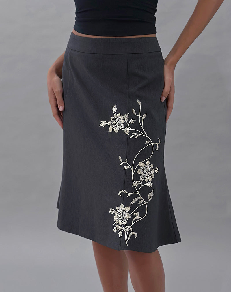 Sepzhi Midi Skirt in Vine Flower Embroidered Dark Charcoal