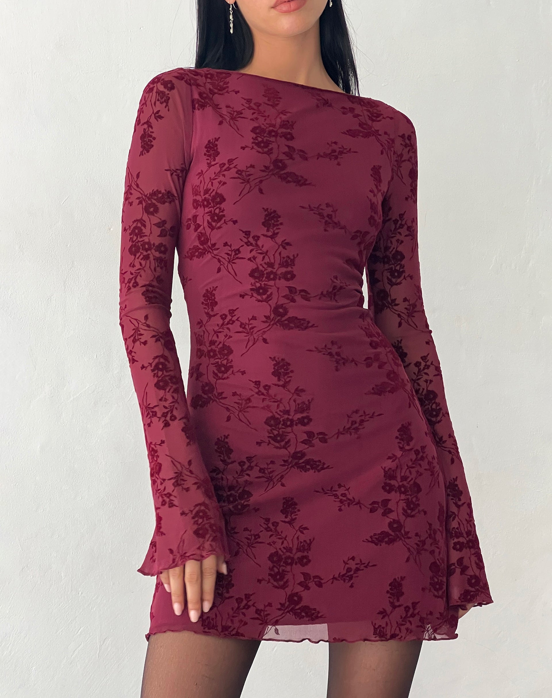 Image of Sevila Langärmeliges Minikleid aus beflockter botanischer Blume Maroon