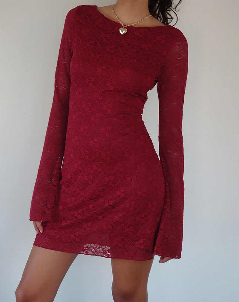 Image of Sevila Langärmeliges Minikleid aus tiefroter Spitze