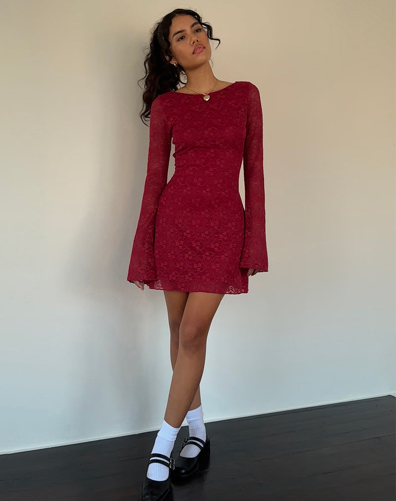 Image of Sevila Langärmeliges Minikleid aus tiefroter Spitze