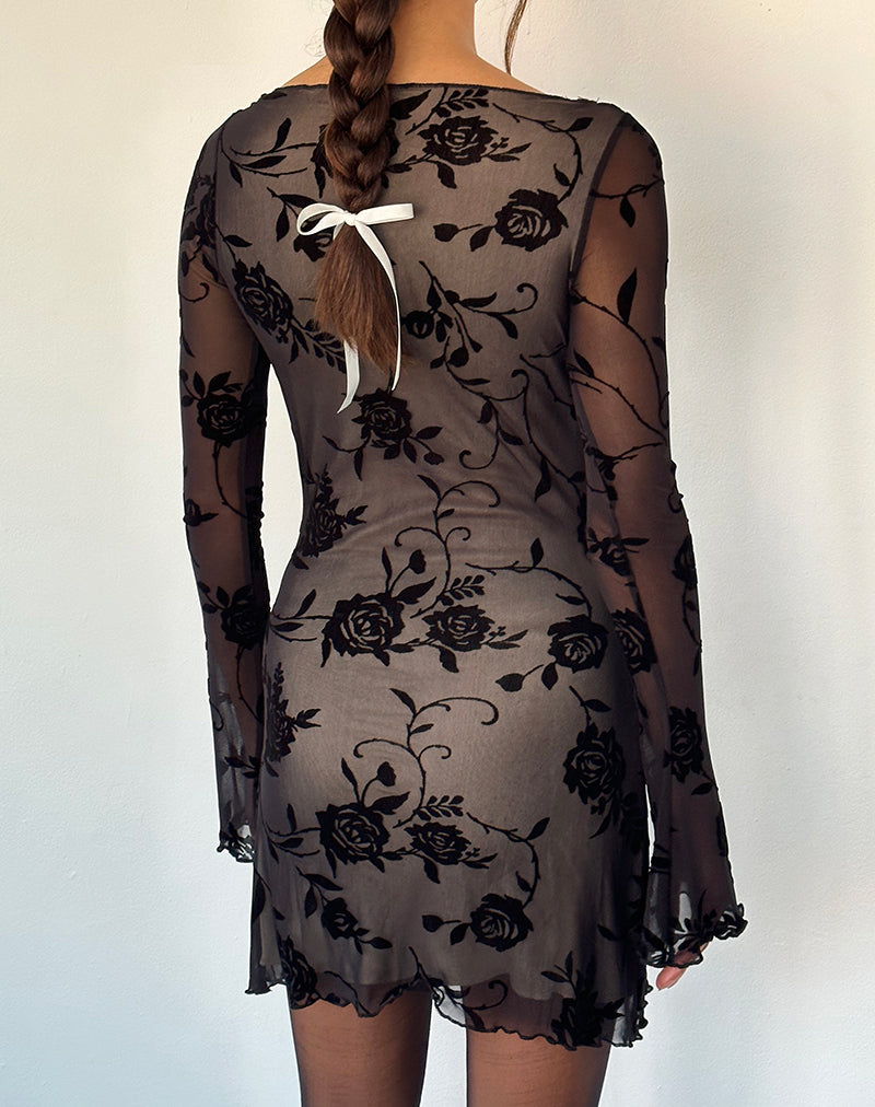 Image of Sevila Langärmeliges Minikleid in Schwarz Rose Flock