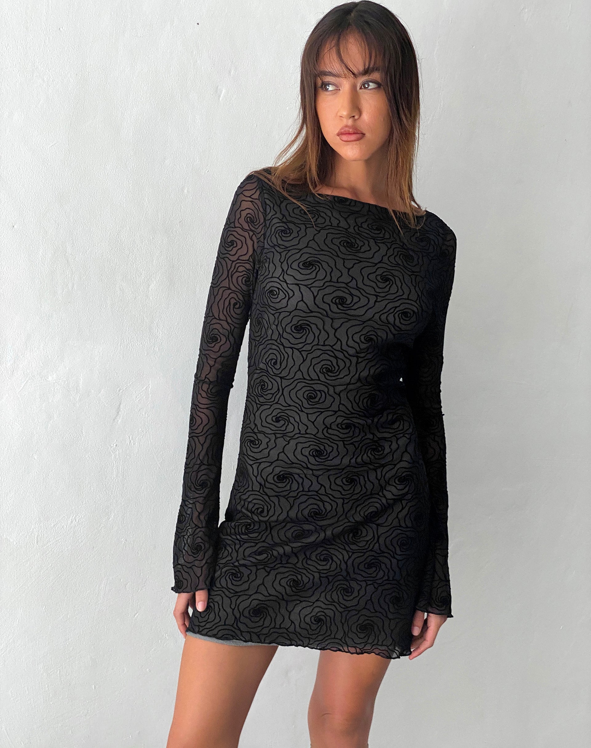Image of Sevila Langärmeliges Minikleid aus Mesh Schwarz Abstrakte Blumenflocke