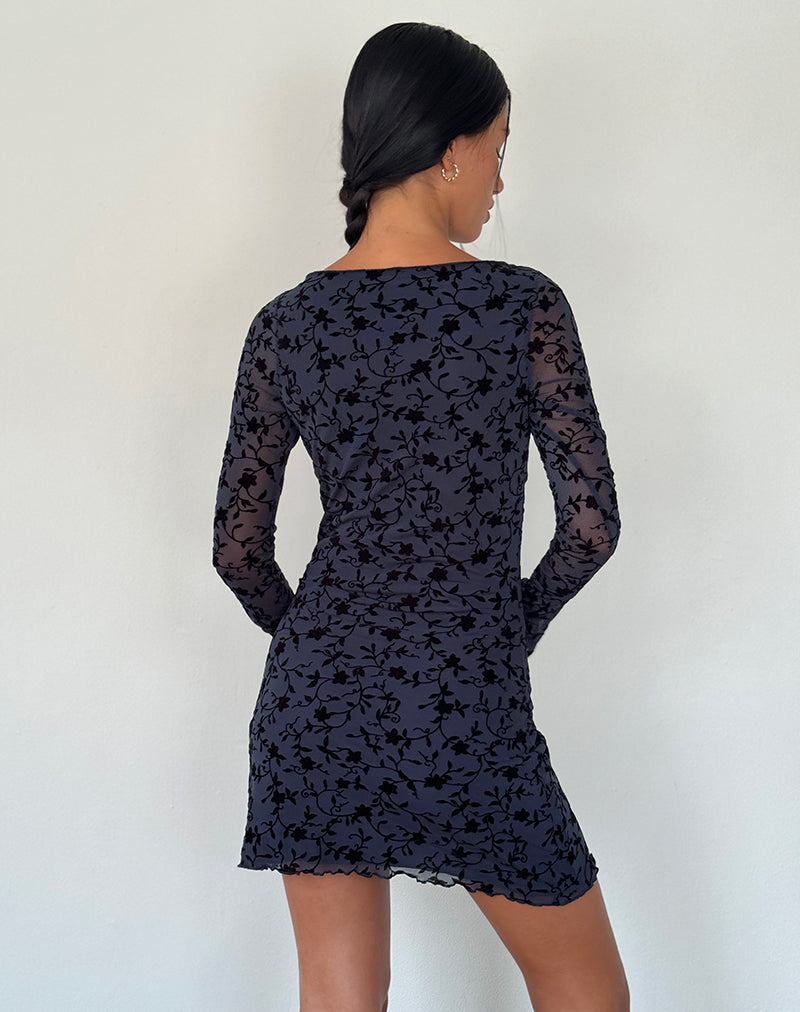 Image of Sevila Langärmeliges Minikleid aus beflocktem Blütenblatt Navy