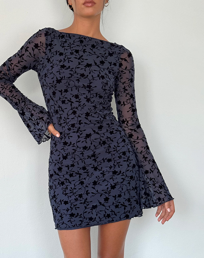 Sevila Langärmeliges Minikleid aus beflocktem Blütenblatt Navy