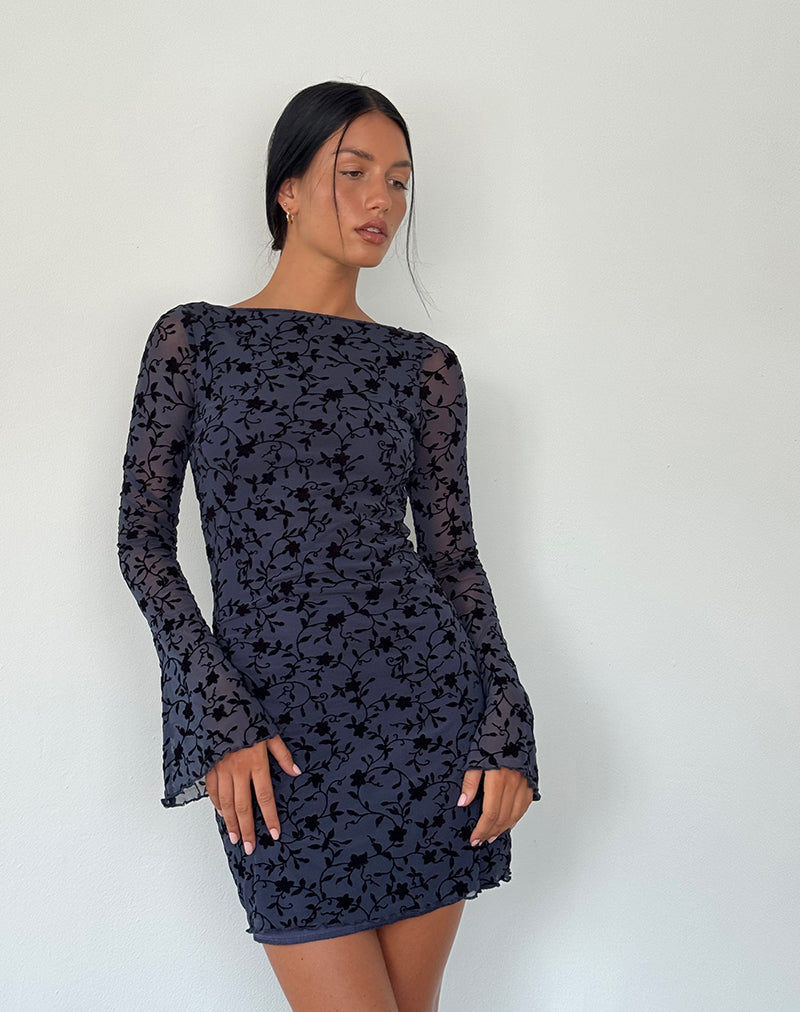 Sevila Langärmeliges Minikleid aus beflocktem Blütenblatt Navy