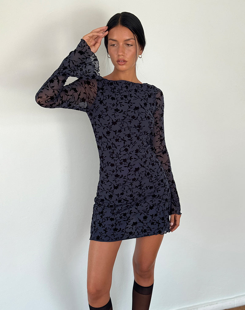 Image of Sevila Langärmeliges Minikleid aus beflocktem Blütenblatt Navy