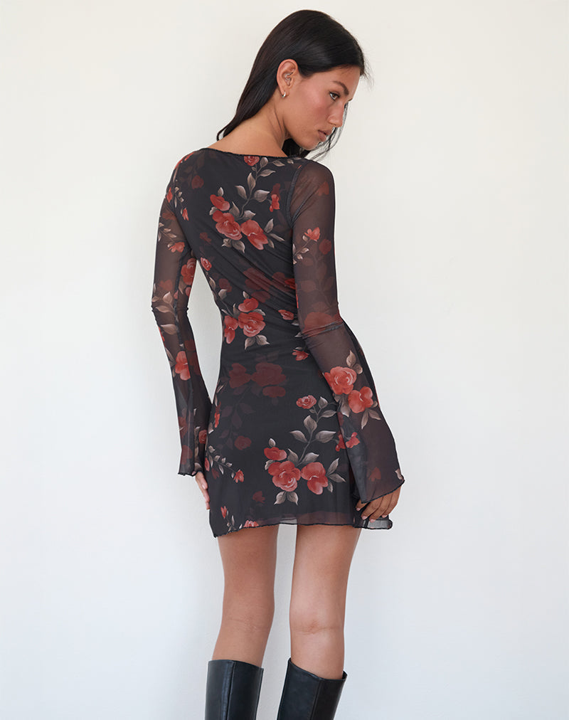 Image of Sevila Langärmeliges Minikleid in Schwarz Watercolour Rose