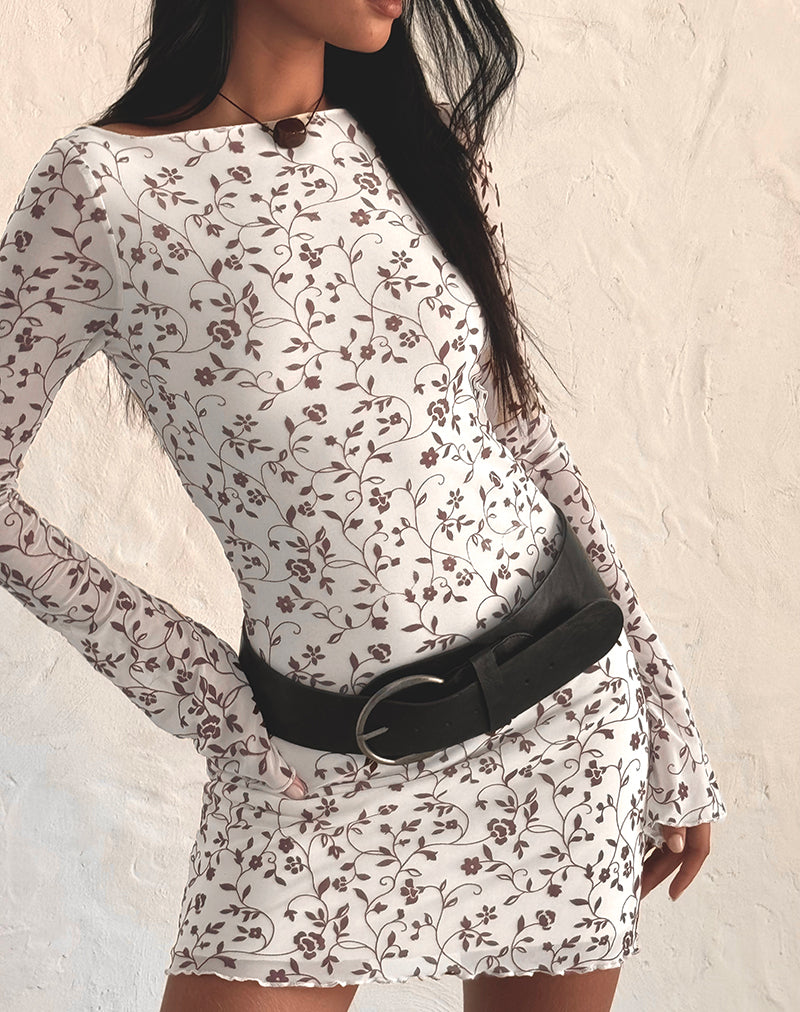 Image of Sevila Langärmeliges Minikleid aus Stem Flower Flock Braun