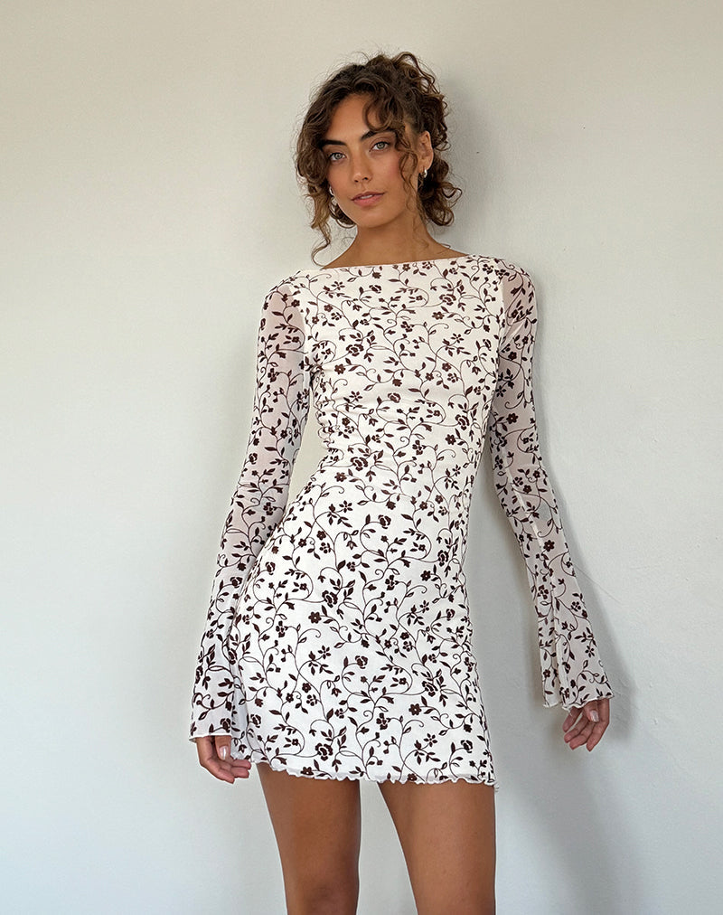 Image of Sevila Langärmeliges Minikleid aus Stem Flower Flock Braun