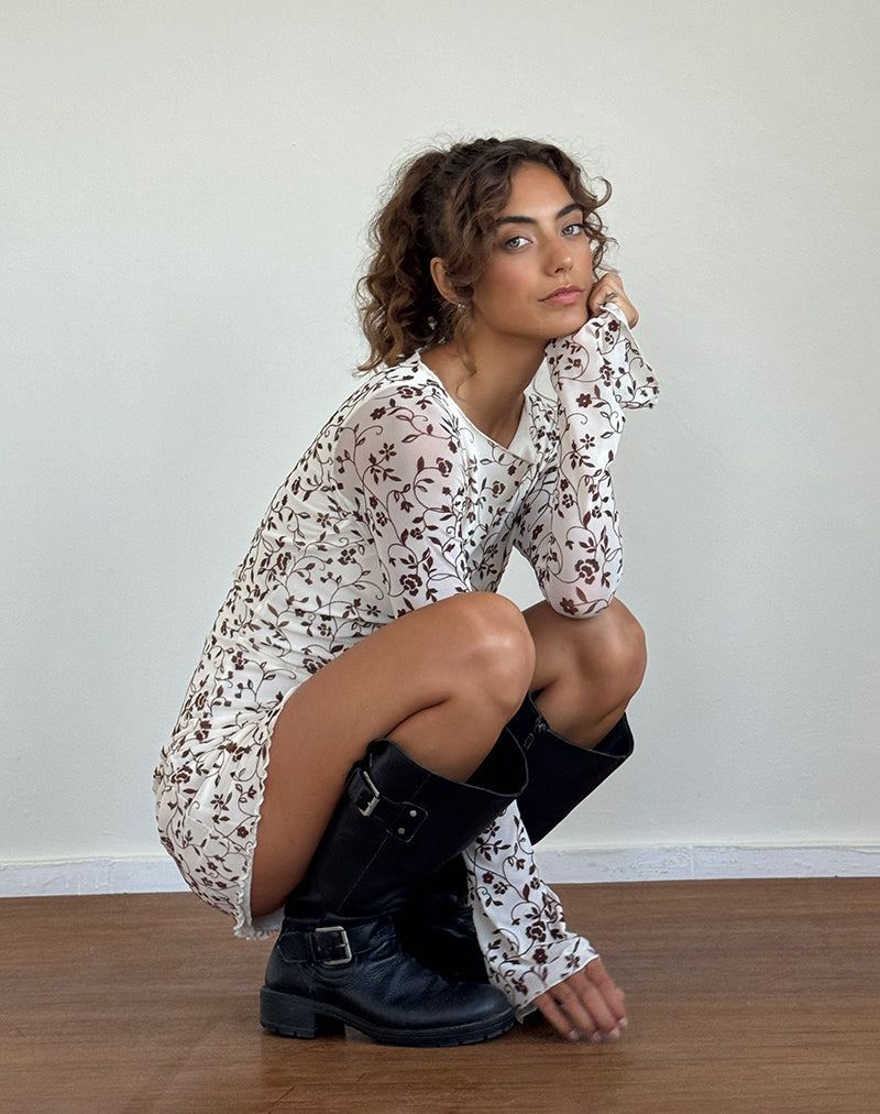 Image of Sevila Langärmeliges Minikleid aus Stem Flower Flock Braun