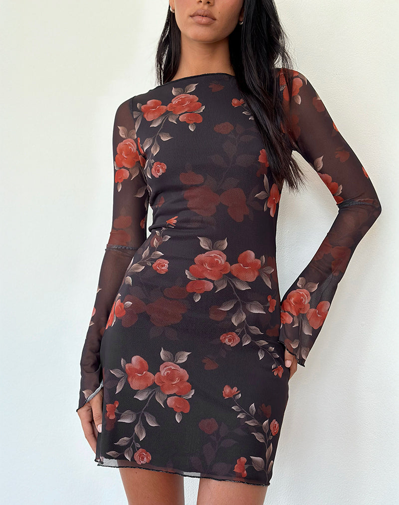 Image of Sevila Langärmeliges Minikleid in Schwarz Watercolour Rose