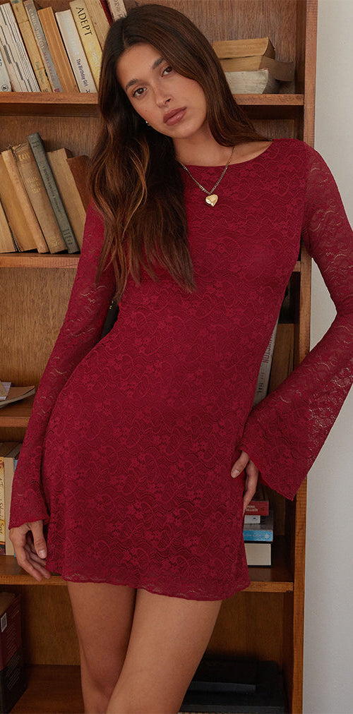 Image of Sevila Langärmeliges Minikleid aus tiefroter Spitze