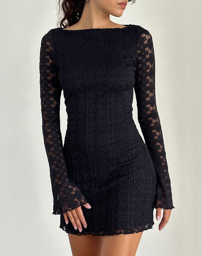 Sevila Langärmeliges Minikleid aus königlicher Spitze Schwarz