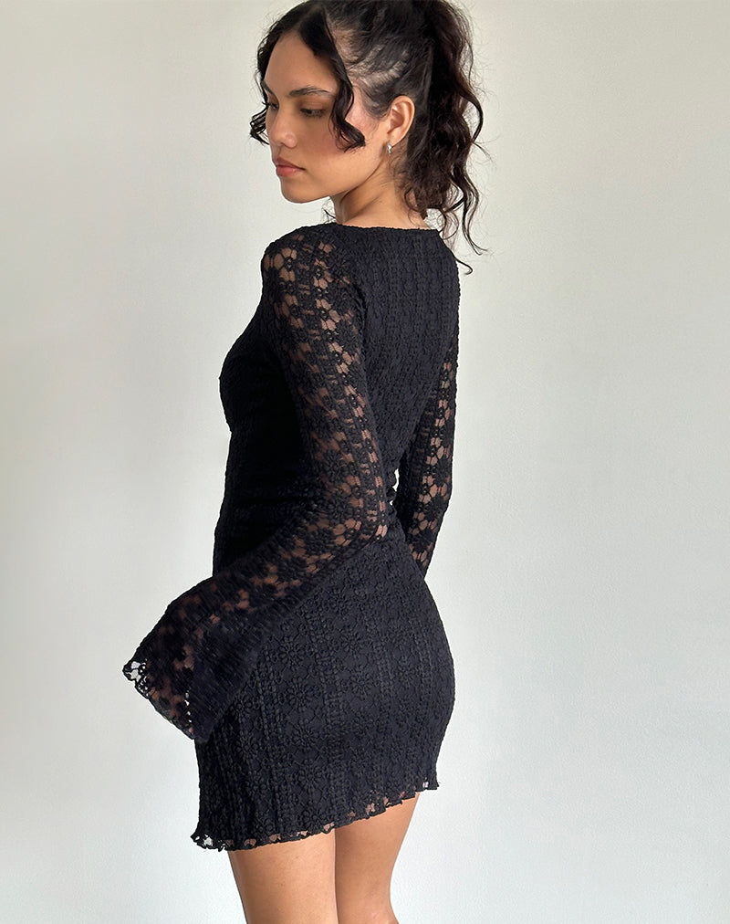 Image of Sevila Langärmeliges Minikleid aus königlicher Spitze Schwarz