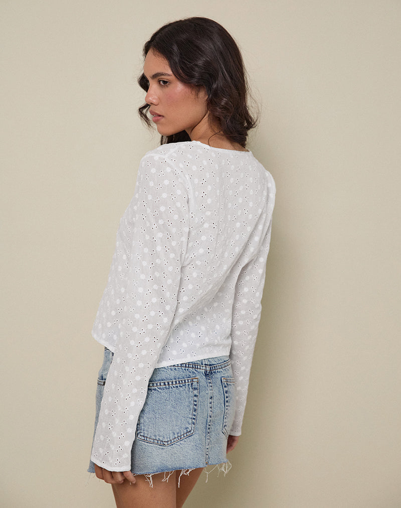 Bild von Sewindu Tie Front Langarm Top in Broderie Elfenbein