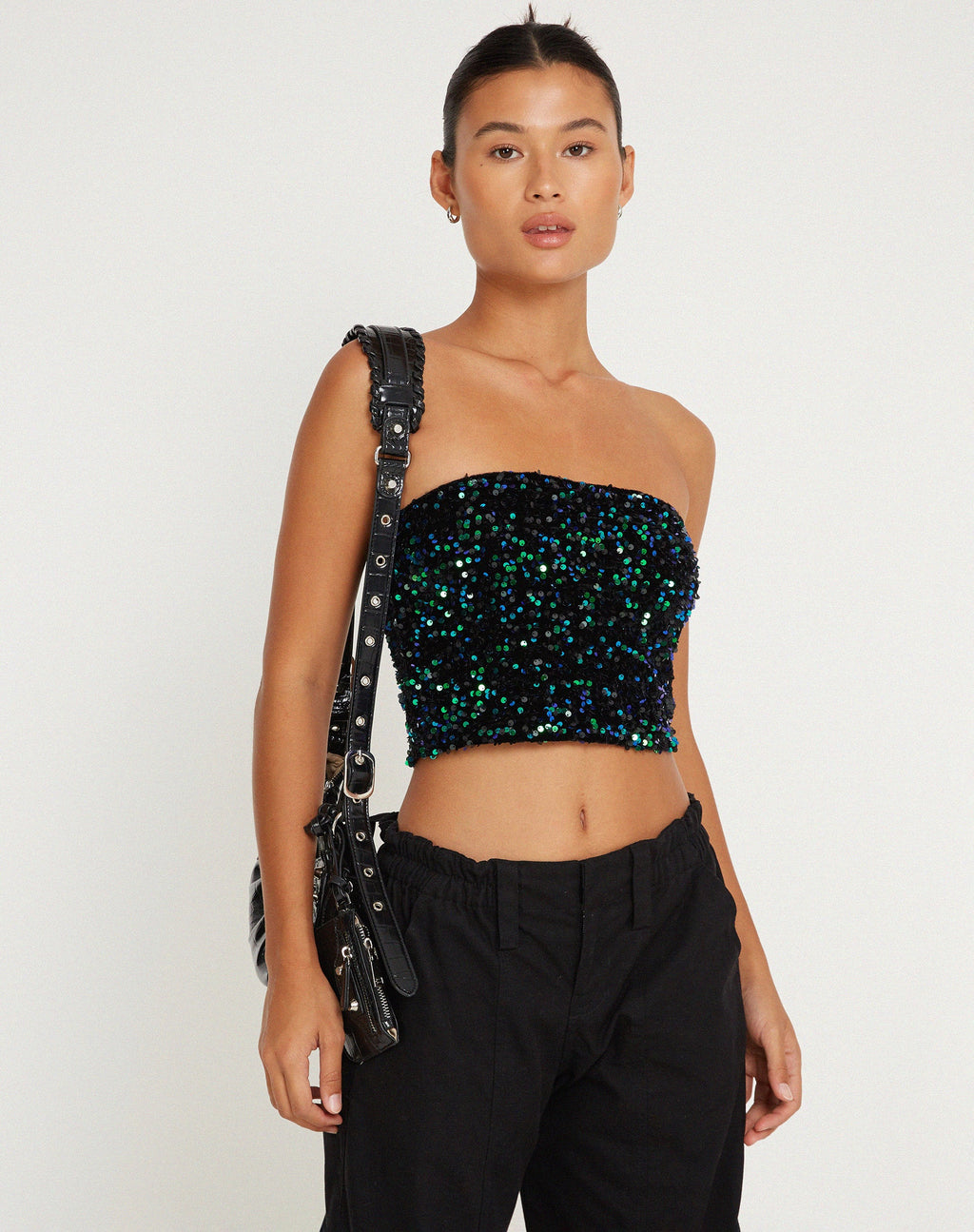 Shae Bandeau Top in Mini Pailletten Grün schillernd