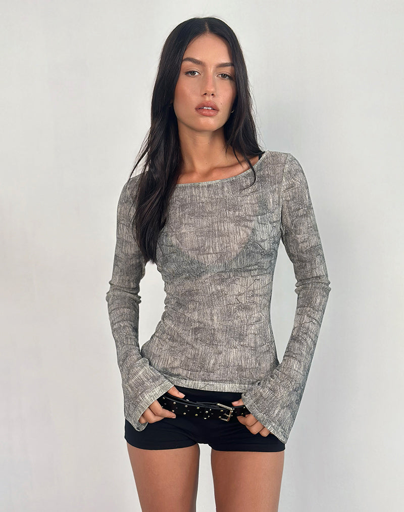 Sheiza Langarm-Top aus transparentem Mesh Grau
