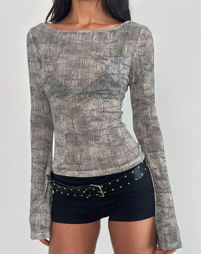 Sheiza Langarm-Top aus transparentem Mesh Grau
