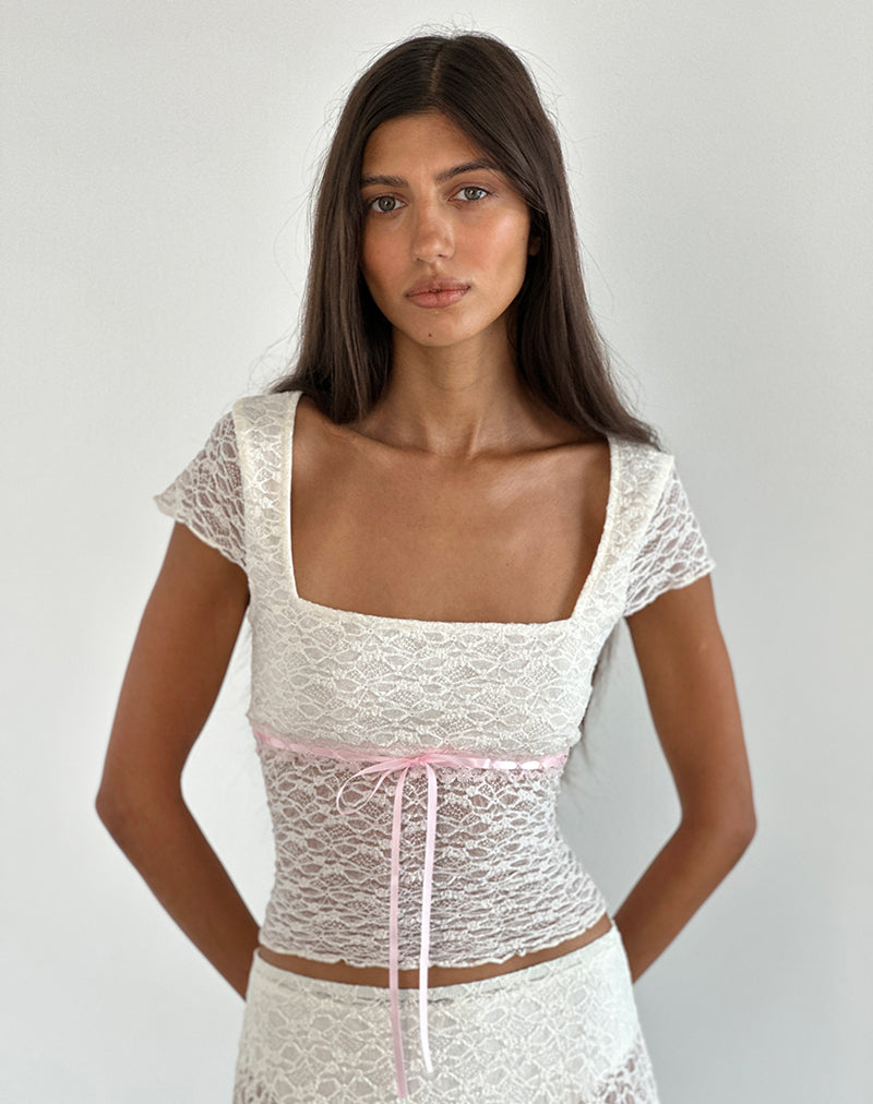 Sherine Spitzen-Top in Creme mit rosa Einfassung