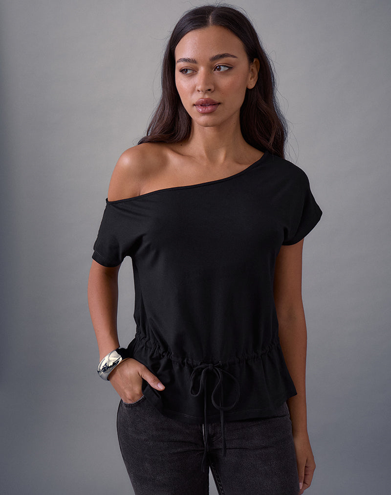 Image of Sika One Shoulder Top in Schwarz mit Bindegürtel
