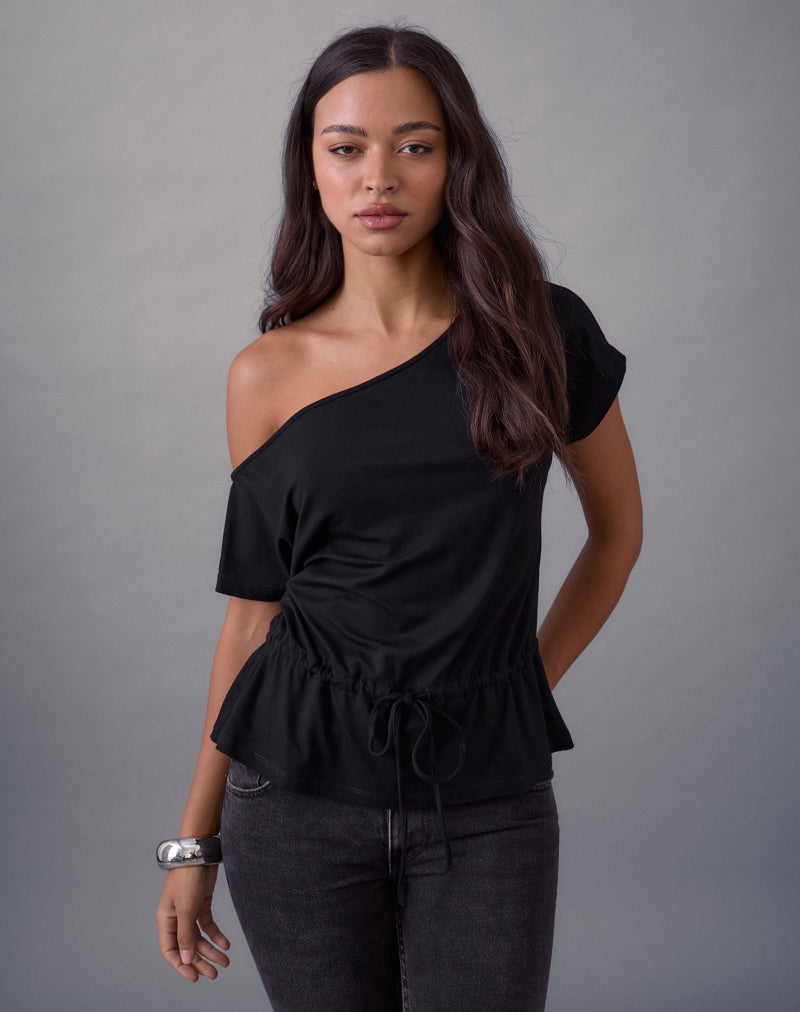 Image of Sika One Shoulder Top in Schwarz mit Bindegürtel