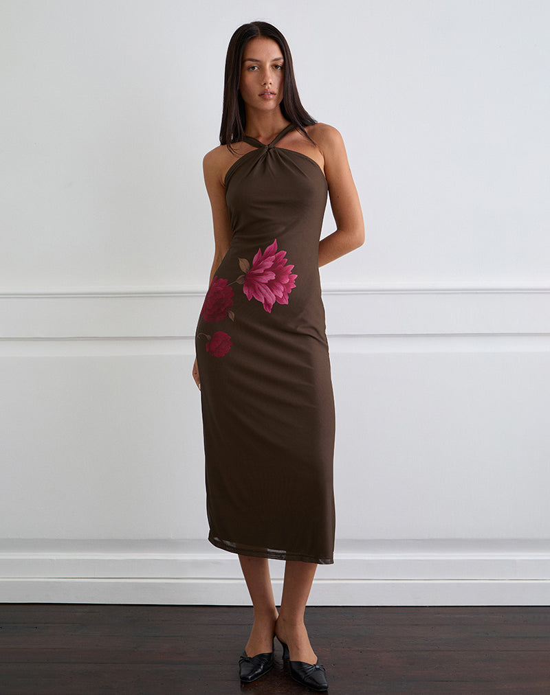 Silvra Midikleid mit Neckholder in Braun mit rosa Blumenprint