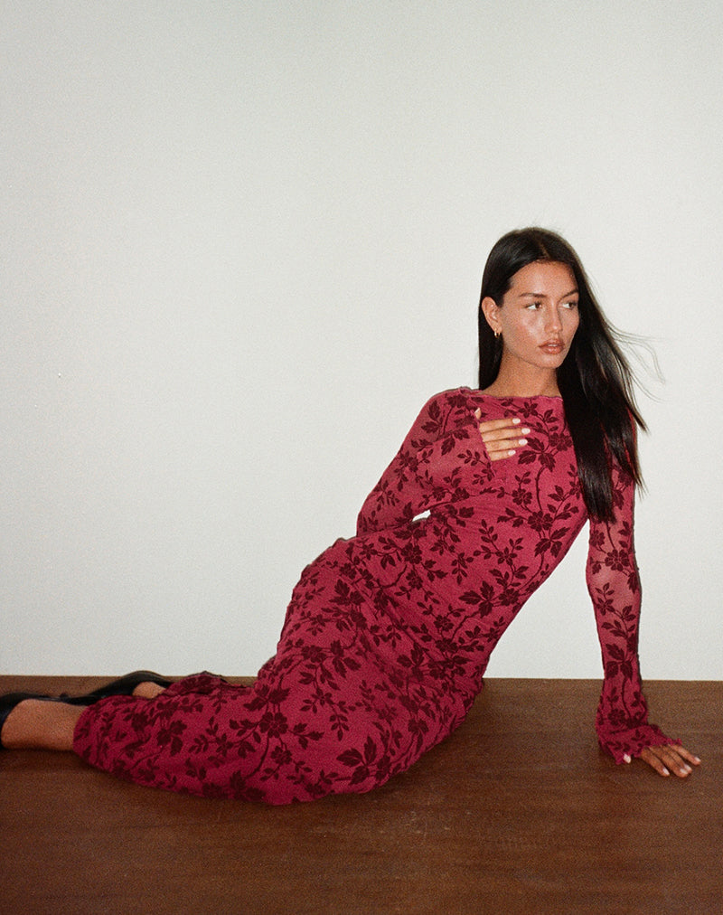 Bild von Slokya Langärmeliges Maxikleid in Vine Floral Flock Cherry