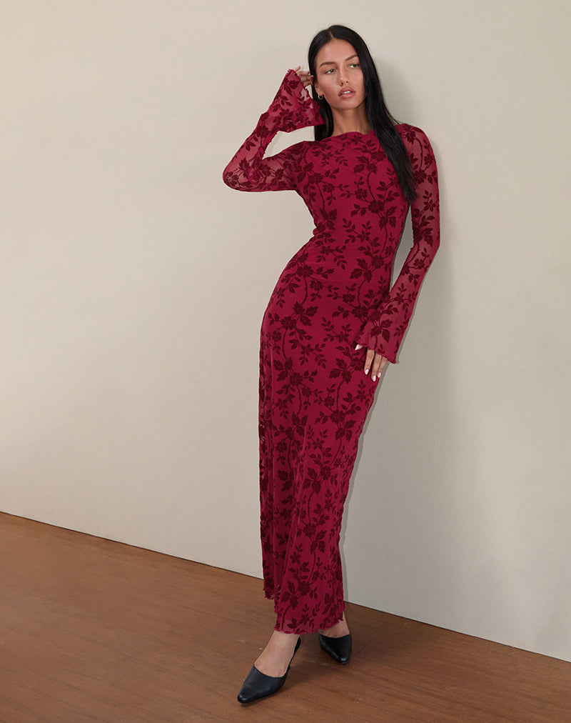 Bild von Slokya Langärmeliges Maxikleid in Vine Floral Flock Cherry