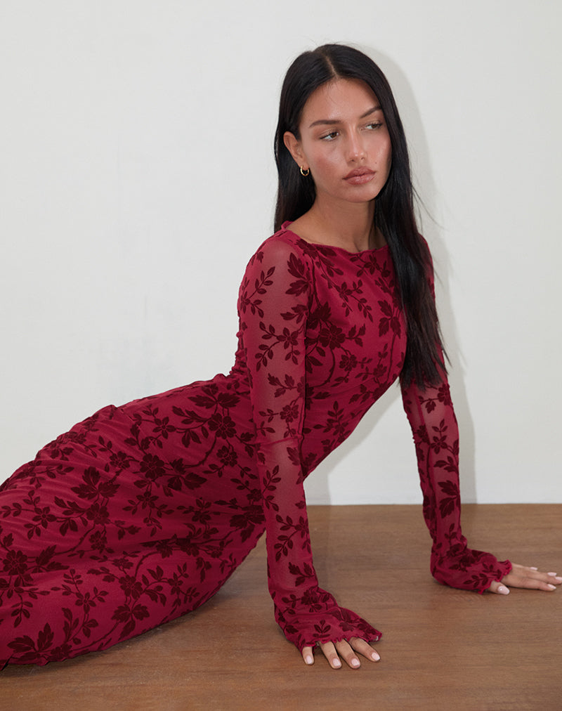 Bild von Slokya Langärmeliges Maxikleid in Vine Floral Flock Cherry