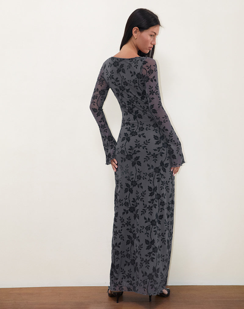 Bild von Slokya Langärmeliges Maxikleid in Vine Floral Flock Ocean Storm