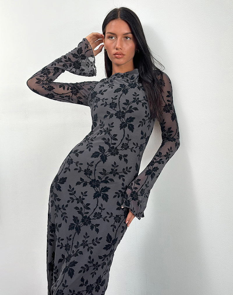 Bild von Slokya Langärmeliges Maxikleid in Vine Floral Flock Ocean Storm