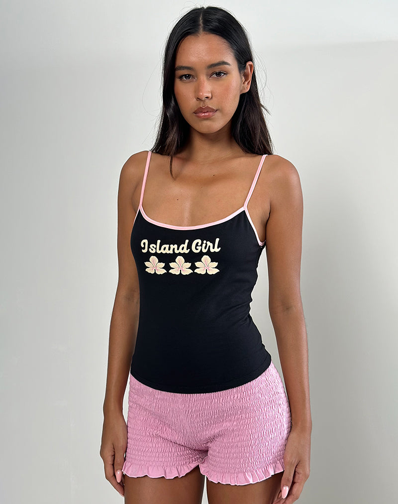 Solani Cami Top in Schwarz mit babyrosa Bindung und Island Girl Print